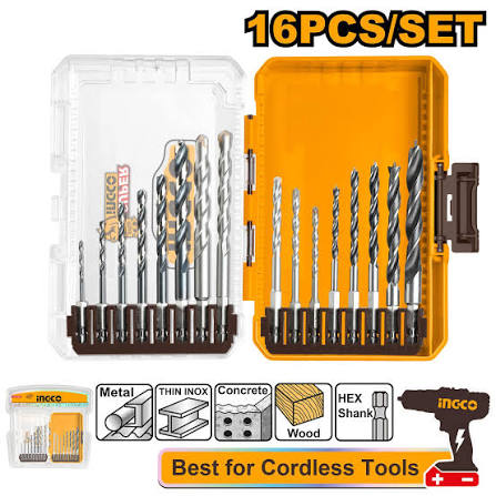 Metal, Masonry and Wood Drill Bit 16 pieces/ Bit set / Metal bit set / Masonry Bit set / Wood bit set / বিট সেট/Ingco-AKDL11608